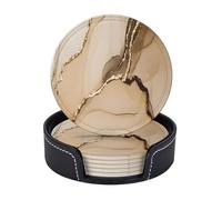 Sottobicchieri in pelle premium di lusso con inchiostro sfumato astratto in marmo giallo e oro bianco - Set da 6 con supporto, eleganti sottobicchieri per bevande per cucina, caffè e arreda