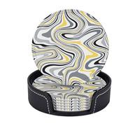 Sottobicchieri in pelle premium moderni astratti in marmo nero bianco giallo e grigio - Set da 6 con supporto, eleganti sottobicchieri per bevande per cucina, caffè e arredamento per la casa