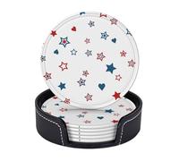 Sottobicchieri in pelle premium semplici, rossi, blu, a forma di cuore e stella, per il giorno dell'indipendenza del 4 luglio - Set da 6 con supporto, eleganti sottobicchieri per bevande, per cucina,
