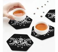 Sottobicchieri in pelle PU, adesivo Tripla Dea, sottobicchieri in pelle Tripla Luna per bevande, set di 6 esagonali