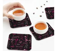 Sottobicchieri in pelle PU, con scritta "Speranza, consapevolezza del cancro al seno", set di 6 sottobicchieri in pelle oscurati quadrati
