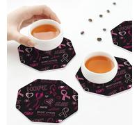 Sottobicchieri in pelle PU, con scritta "Speranza, consapevolezza del cancro al seno", set di 6 sottobicchieri in pelle oscurata, ottagonali