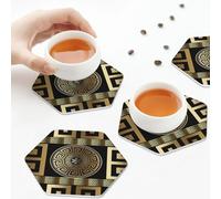 Sottobicchieri in pelle PU, moderni sottobicchieri in pelle con motivo geometrico in metallo dorato per bevande, set di 6 esagonali