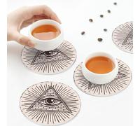 Sottobicchieri in pelle PU, occhio di Dio all'interno di un triangolo piramidale, set di 6 sottobicchieri in pelle per bevande, forma rotonda