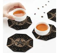 Sottobicchieri in pelle PU, ornamento pentagramma della dea della luna tripla, set di 6 sottobicchieri in pelle per bevande, ottagono