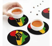 Sottobicchieri in pelle PU, set di 6 sottobicchieri in pelle color rasta con scritta "Black History Africa Power" per bevande, forma rotonda
