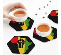 Sottobicchieri in pelle PU, set di 6 sottobicchieri in pelle color Rasta con scritta Black History Africa Power per bevande, esagonali