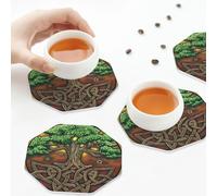 Sottobicchieri in pelle PU, set di 6 sottobicchieri in pelle con albero della vita celtico per bevande, ottagono