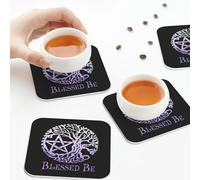 Sottobicchieri in pelle PU, set di 6 sottobicchieri in pelle con albero della vita della strega pagana Wicca per bevande, quadrati