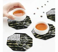 Sottobicchieri in pelle PU, set di 6 sottobicchieri in pelle con bandiera americana e motivo mimetico per bevande, ottagono