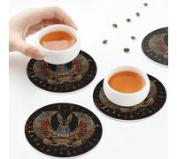 Sottobicchieri in pelle PU, set di 6 sottobicchieri in pelle con motivo del dio egizio Anubi per bevande, forma rotonda