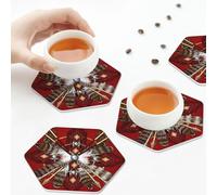 Sottobicchieri in pelle PU, set di 6 sottobicchieri in pelle con ruota della medicina rossa dei nativi americani per bevande, esagonali