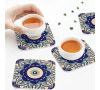 Sottobicchieri in pelle PU, set di 6 sottobicchieri in pelle con simbolo del malocchio mandala per bevande, quadrati