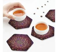 Sottobicchieri in pelle PU, set di 6 sottobicchieri in pelle Maya con calendario azteco nativo americano e mandala per bevande, esagonali