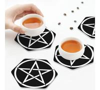 Sottobicchieri in pelle PU, set di 6 sottobicchieri in pelle per bevande con motivo pentacolo, strega, pagano moderno, Wicca, stregoneria, esagono
