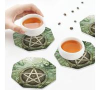 Sottobicchieri in pelle PU, set di 6 sottobicchieri in pelle per bevande con motivo strega pagana Wiccan, ottagono