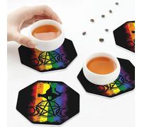 Sottobicchieri in pelle PU, set di 6 sottobicchieri in pelle per bevande con motivo: Tripla Dea della Luna, Strega Wiccan, Stregoneria, Ottagono