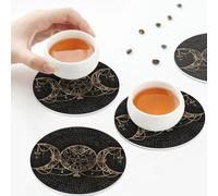 Sottobicchieri in pelle PU, set di 6 sottobicchieri in pelle per bevande con pentagramma a tripla luna e dea Wican Art, forma rotonda