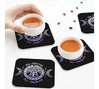 Sottobicchieri in pelle PU, set di 6 sottobicchieri in pelle per bevande con tripla dea della luna, strega pagana wicca, quadrati