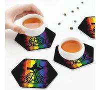 Sottobicchieri in pelle PU, set di 6 sottobicchieri in pelle per bevande con tripla luna, strega, stregoneria, wicca, esagono