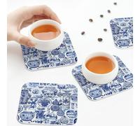 Sottobicchieri in pelle PU, stile cinese antico popolare cinese blu e bianco, set di 6 sottobicchieri quadrati per bevande