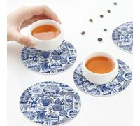Sottobicchieri in pelle PU, stile cinese antico popolare cinese blu e bianco, set di 6 sottobicchieri in pelle per bevande, forma rotonda