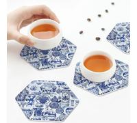 Sottobicchieri in pelle PU, stile cinese antico popolare cinese blu e bianco, set di 6 sottobicchieri in pelle per bevande, esagonali