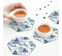 Sottobicchieri in pelle PU, stile cinese blu antico, set di 6 sottobicchieri in pelle per bevande, esagonali