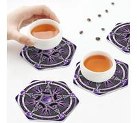 Sottobicchieri in pelle PU, viola Wicca Wiccan Star Pentagram Pentacle Sottobicchieri in pelle per bevande Set di 6 esagonali