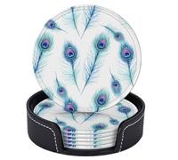 Sottobicchieri in piuma di pavone blu acquarello per bevande con supporto, set di 6 sottobicchieri rotondi in pelle resistenti al calore, per proteggere il tavolo, arredamento per la casa, cucina e re