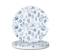 Sottobicchieri Per Auto 6.5Cm, Boho Blue Flower Leaves Pai-Sley Universali Sottobicchiere Per Autos Antiscivolo Car Coaster Per Donne Uomini,2 Pezzi