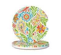 Sottobicchieri Per Auto 6.5Cm, Boho Pai-Sley Colorful Flower Universali Sottobicchiere Per Autos Anti-Polvere Car Coaster Per Caffè Suv,2 Pezzi