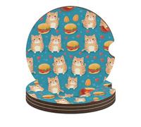 Sottobicchieri per auto a forma di gatto che ama mangiare hamburger, 2,6 pollici, portabicchieri in legno con tappetino in sughero, 4 pezzi