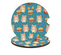 Sottobicchieri per auto a forma di gatto che ama mangiare hamburger, 2,6 pollici, portabicchieri in legno con tappetino in sughero, 2 pezzi