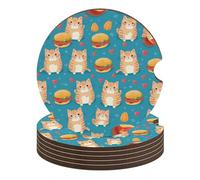 Sottobicchieri per auto a forma di gatto che ama mangiare hamburger, 2,6 pollici, portabicchieri in legno con tappetino in sughero, 6 pezzi