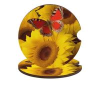 Sottobicchieri per auto con girasoli gialli con farfalla rossa, confezione da 2 sottobicchieri universali antiscivolo con base in sughero e tacca per le dita, accessori per auto per donne e uomini
