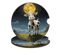 Sottobicchieri per auto con mucca sopra la luna, confezione da 2, universali, antiscivolo, con base in sughero e intaglio per le dita, accessori per auto per donne e uomini
