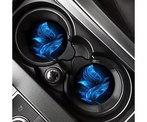 Sottobicchieri per auto con piuma blu, 7 cm, stampa piuma, 2 pezzi | Set da 2 pezzi, 7 cm di dimensioni standard per portabicchieri, progettato per proteggere i portabicchieri da polvere e