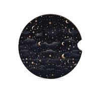 Sottobicchieri per auto con stelle e luna su sfondo scuro, antiscivolo, con incavo per le dita per una facile rimozione, in legno resistente al calore, squisiti sottobicchieri per auto.