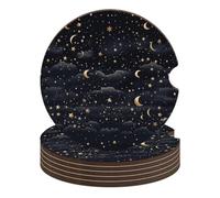 Sottobicchieri per auto con stelle e luna su sfondo scuro, antiscivolo, con incavo per le dita per una facile rimozione, in legno resistente al calore, squisiti sottobicchieri per auto.