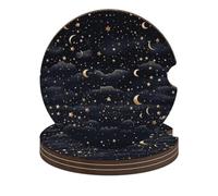 Sottobicchieri per auto con stelle e luna su sfondo scuro, antiscivolo, con incavo per le dita per una facile rimozione, in legno resistente al calore, squisiti sottobicchieri per auto.