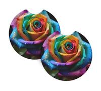 Sottobicchieri per auto, confezione da 2 pezzi, con stampa di rose arcobaleno e rosa, in gomma cloroprenica, impermeabili, ad asciugatura rapida, inodori, per portabicchieri