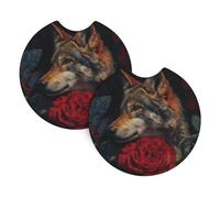 Sottobicchieri per auto, confezione da 2 pezzi, motivo: lupo tra le rose rosse, in gomma cloroprenica resistente, impermeabile, ad asciugatura rapida, inodore