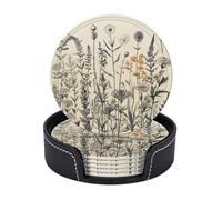 Sottobicchieri per bevande, 6 pezzi, in pelle resistente al calore, con supporto, erbe floreali e botaniche, sottobicchieri rotondi per bevande, tazza da caffè, protezione da tavolo, tappetino per