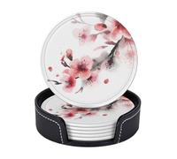 Sottobicchieri per bevande, 6 pezzi, in pelle resistente al calore, con supporto, motivo floreale asiatico, acquerello, rosa, ciliegie, sottobicchieri, per bevande, tazza da caffè, protezione da