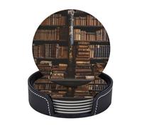 Sottobicchieri per bevande, 6 pezzi, in pelle resistente al calore, con supporto per libri antichi in biblioteca, sottobicchieri rotondi per bevande, tappetino per tazza da caffè, protezione da tavolo
