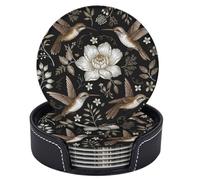 Sottobicchieri per bevande con motivo floreale bianco Hummingbirds, con supporto, in pelle rotonda, set da 6, resistenti al calore, per proteggere il tavolo, come decorazione per la casa, cucina e reg
