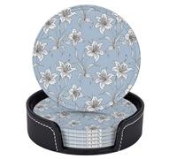 Sottobicchieri per bevande con supporto, motivo: giglio bianco, colore: azzurro, set di 6 sottobicchieri rotondi in pelle, resistenti al calore, per proteggere il tavolo, come decorazione per la casa,