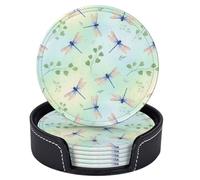 Sottobicchieri per bevande con supporto, motivo: libellula, foglia verde, ramo, set di 6 sottobicchieri rotondi in pelle resistenti al calore, per proteggere il tavolo, decorazione per la casa, cuci