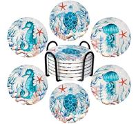 Sottobicchieri per bevande con supporto, set di 6 sottobicchieri in ceramica assorbenti, pietra marina, vita oceanica, base in sughero, decorazione costiera, tema spiaggia, tropicale, sottobicchiere